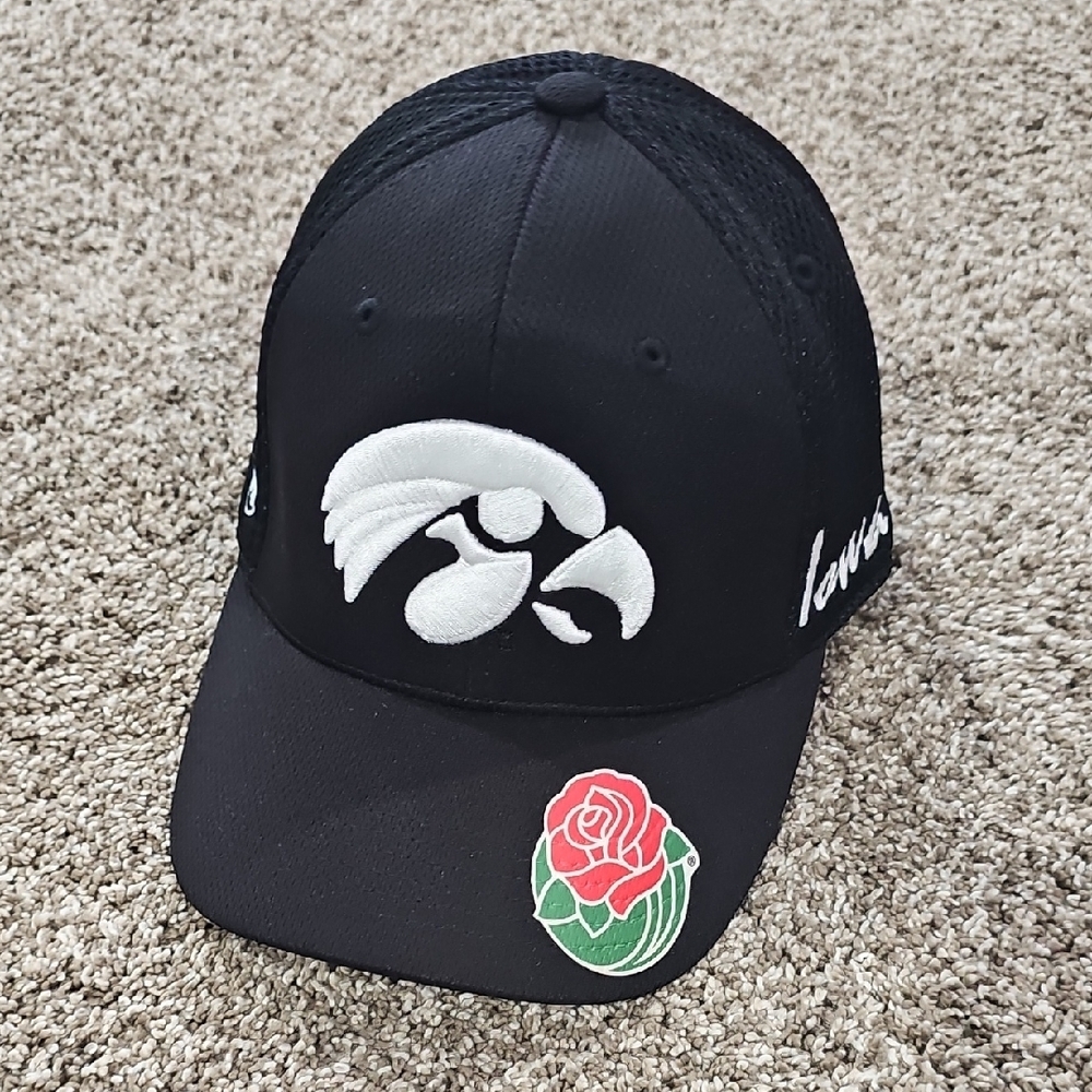 Like New Black Iowa Hawkeyes Hat with White Tiger Hawk And Rose Bowl Patch